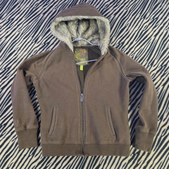 Totto Tops - Vintage Y2K Totto Nr 2947 Faux Fur Trim Zip Up Hoodie Brown Earth Tone Large